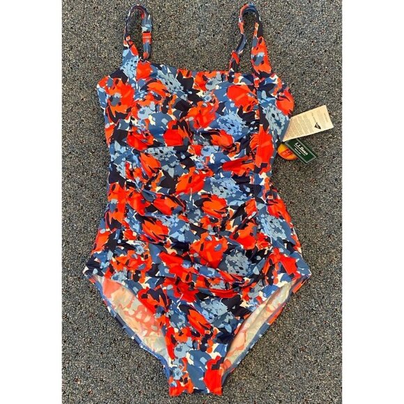 NWT L.L.Bean Bathing Suit Swim One Piece Ruched Sides Blue Red Size 12 Reg New - Picture 1 of 4